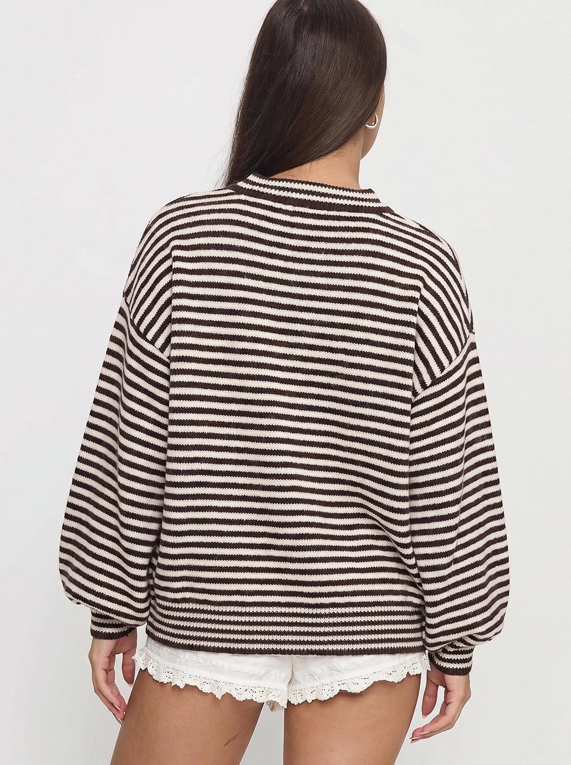 QINSEN Women's Crewneck Oversized Sweater Striped Long Sleeve Pullover Top