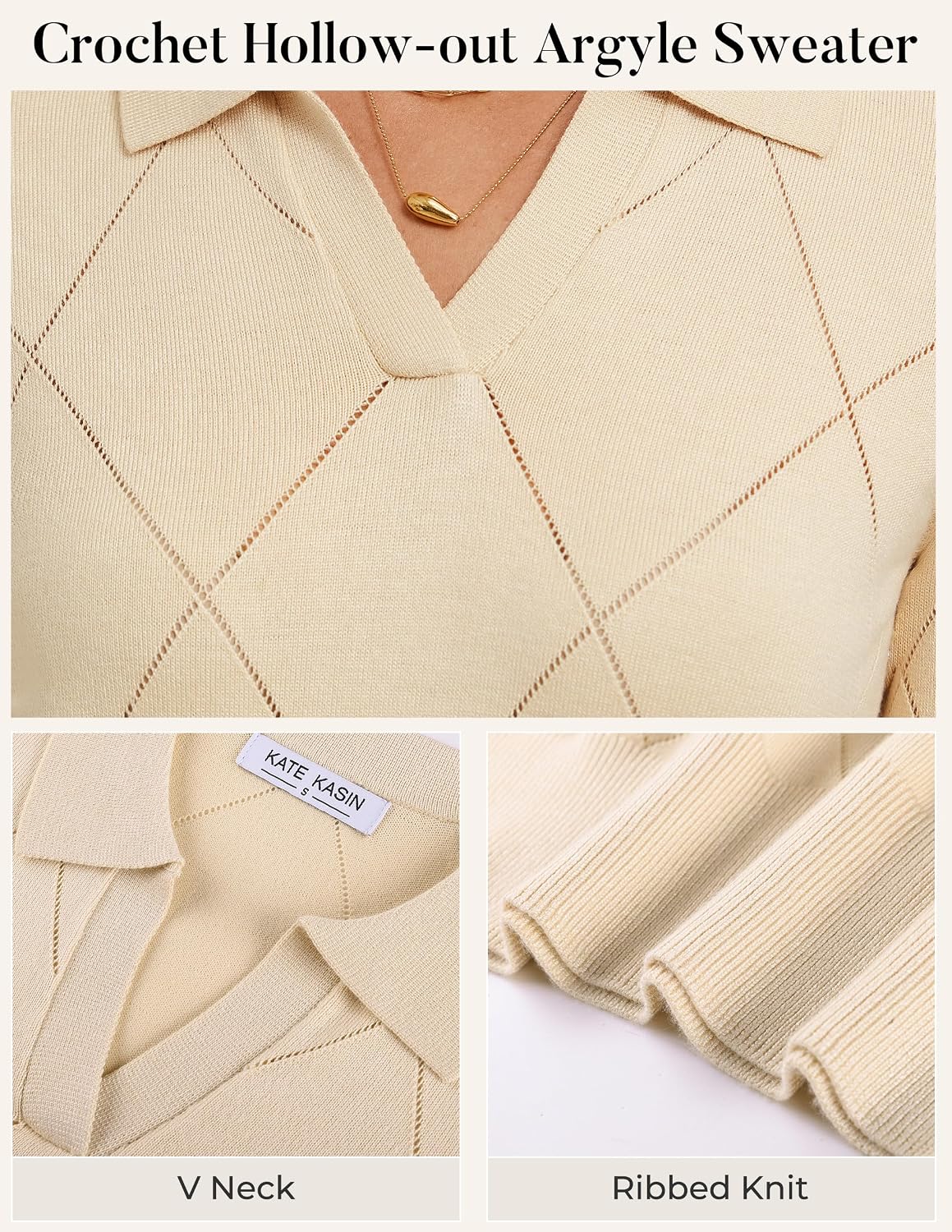 Kate Kasin Women Fall Pullover Sweaters Cozy, V Neck Knit Collared Polo Top