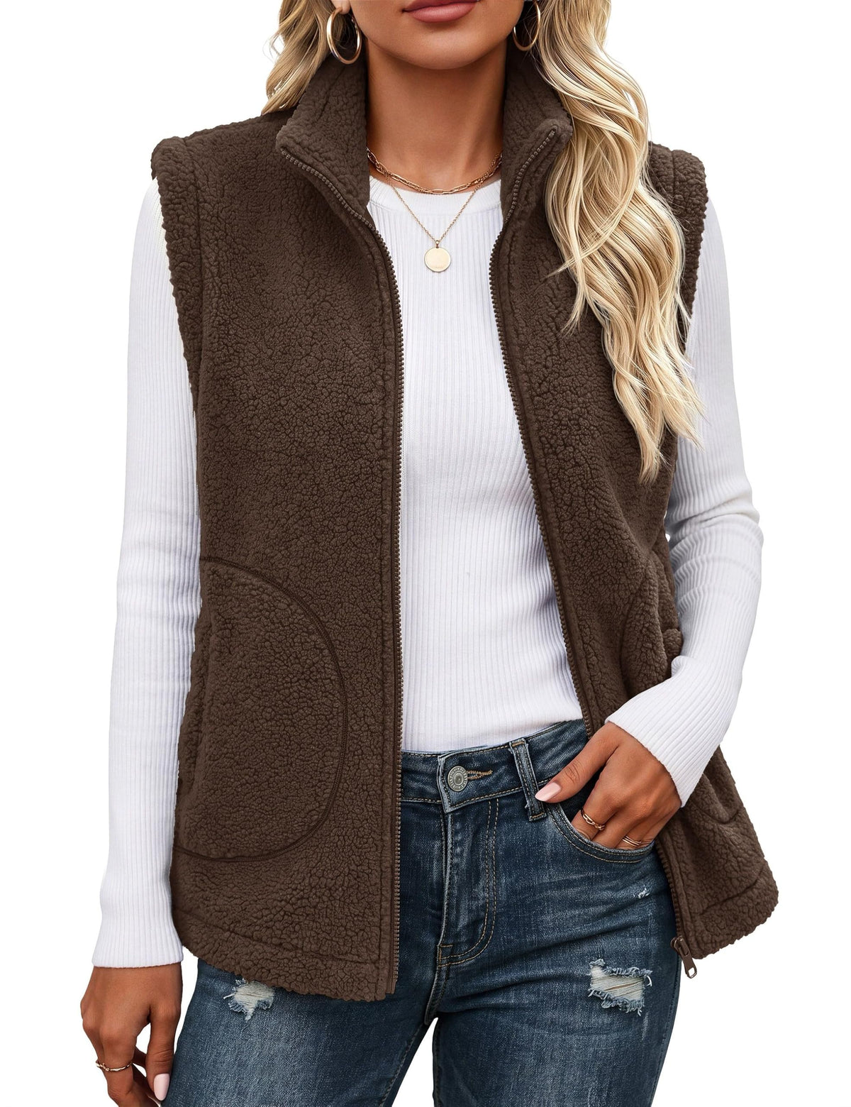 YUCOLEN Sherpa Vest for Women Sleeveless Fleece Fuzzy Zip Up Jackets Winter