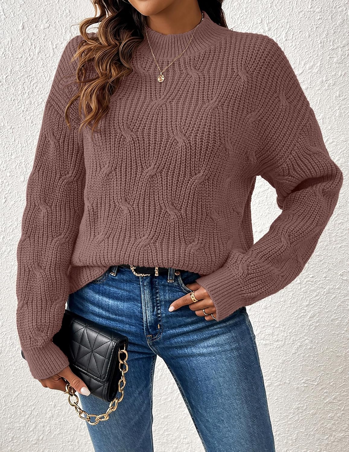 Womens Dressy Mockneck Cable Knit Long Sleeve Sweater Fall 2026 Oversized Chunky Ribbed Cuffs Knit Pullover