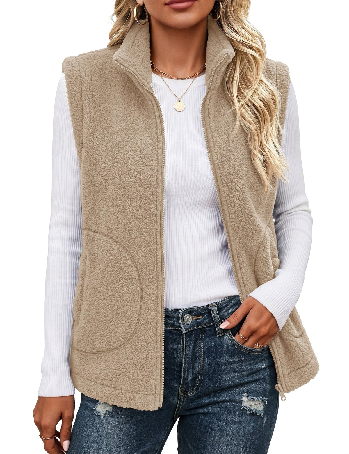 YUCOLEN Sherpa Vest for Women Sleeveless Fleece Fuzzy Zip Up Jackets Winter