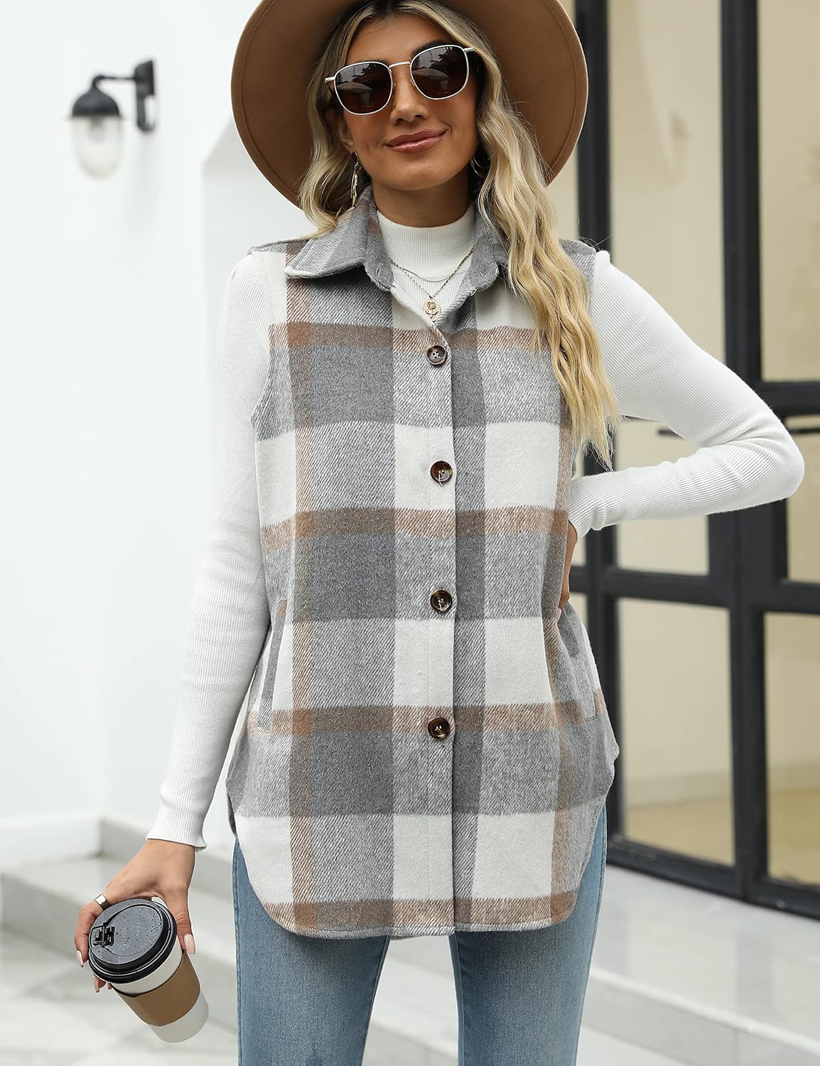 Tanming Women's Plaid Vest Fall Flannel Sleeveless Shacket