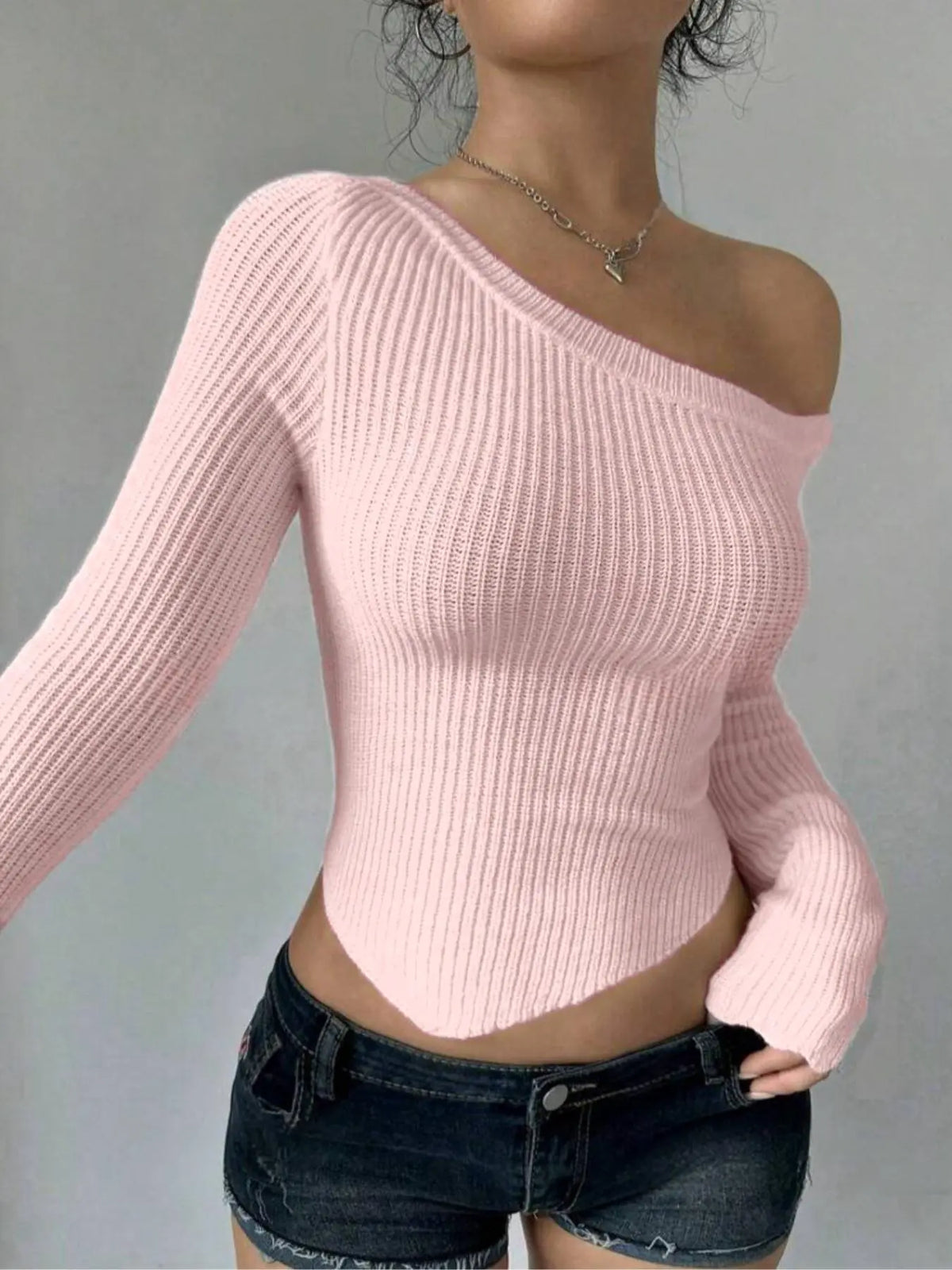 Women's Plain Asymmetrical Neck Crop Sweater, Casual Long Sleeve Asymmetrical Hem Jumper for Spring & Fall, Fashion Basic Women's Knitwear Fabric for Daily Wear, Womenswear Tops, Knit Sweaters