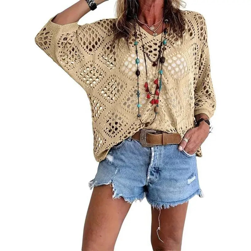 Summer V-neck Rhombus Hollow Bat Sleeve Women's Sweater Blouse Knitted Women's Clothing