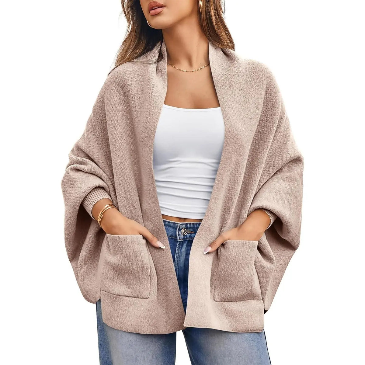 Womens Open Front Cardigan Batwing Long Sleeve Shawl Chunky Knit Loose Fall Poncho Sweater Coats