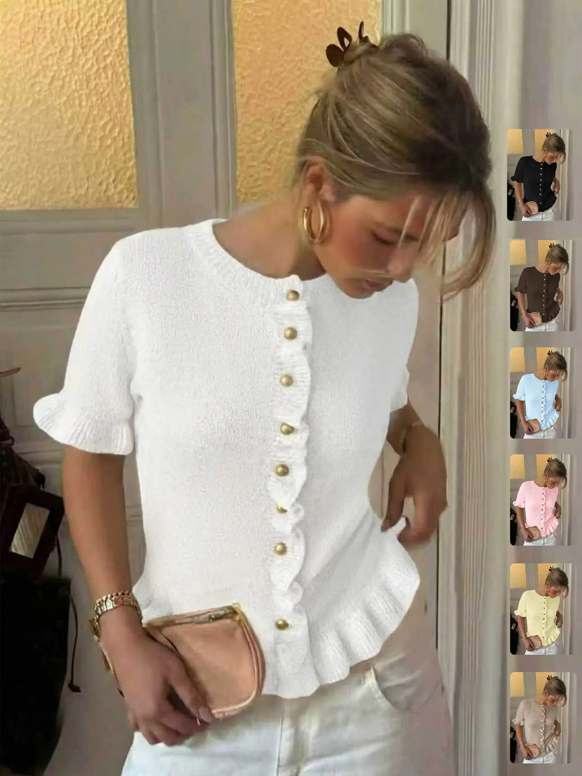 Women's Spring Summer Vintage Fashion Casual Round Neck Short Sleeve Knitted Cardigan Knitwear, Ruffle Design and Metal Buttons, Elegant Soft Sweater Knitting