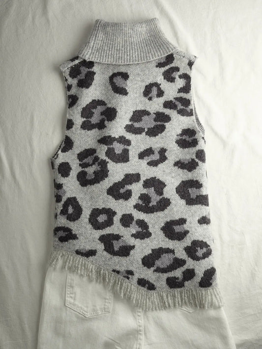 Women's Leopard Print High Neck Knit Vest, Sleeveless Asymmetrical Hem Knitted Top, Fall Winter Casual Layering Outerwear, Sleeveless Knitted Vests