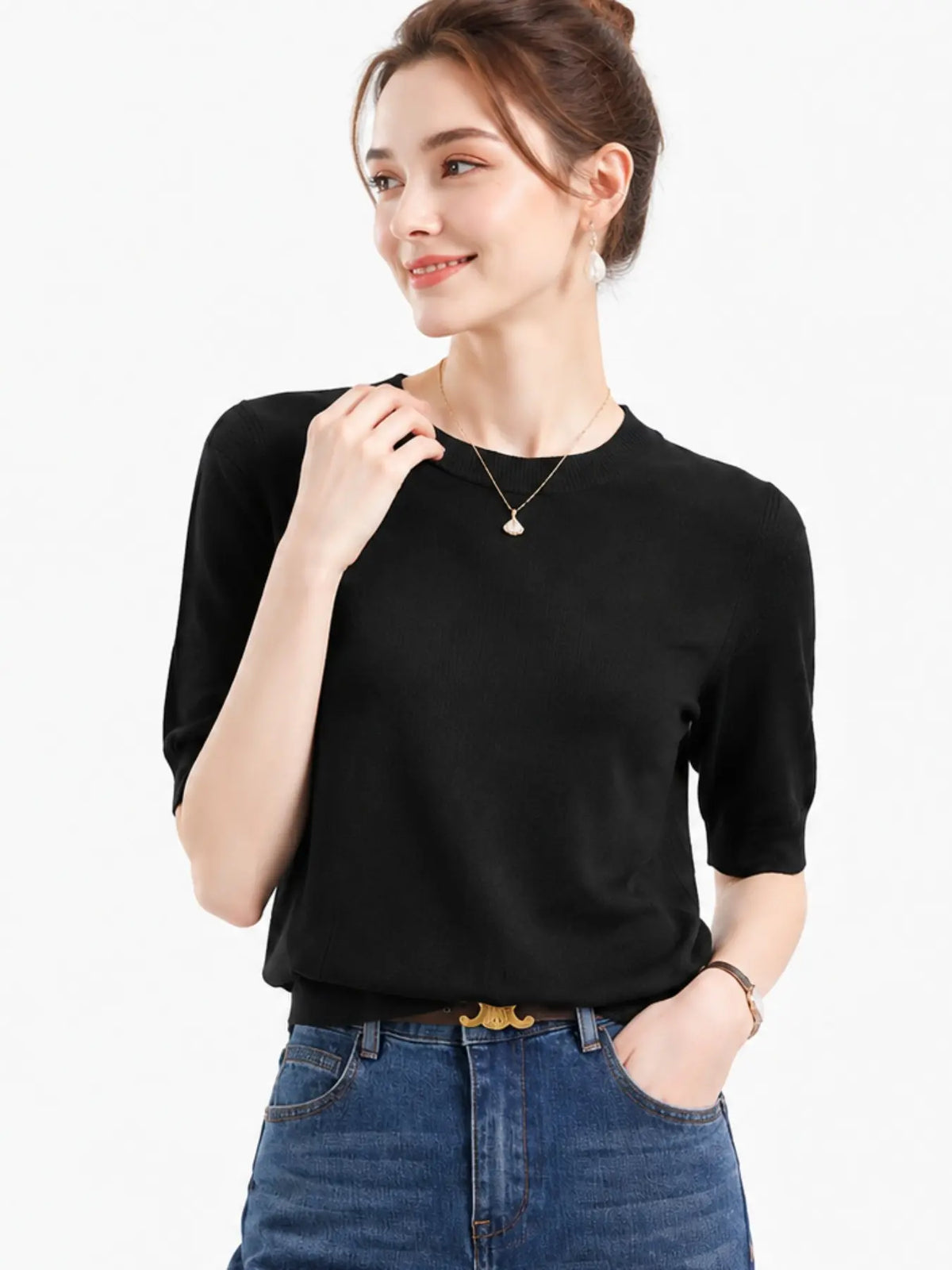 New Cross-Border Fine Knit Round Neck Basic T-Shirt, Women's Mid- Sleeve Knitted Top, Fashion Casual Comfortable Shirt, Soft Smooth Four Seasons Wear, Knitwear, Daily Wear Knitwear