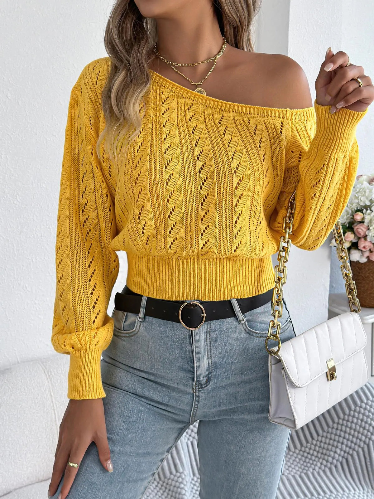 Women's Plain Textured Hollow-Out Asymmetrical Neck Fitted Sweater, Elegant Raglan Sleeve Jumper for Fall & Winter, Fashion Ladies' Knitwear for Daily Casual Wear, Long Sleeves, Womenswear