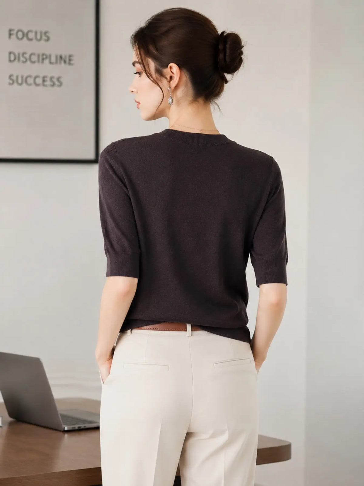 New Cross-Border Fine Knit Round Neck Basic T-Shirt, Women's Mid- Sleeve Knitted Top, Fashion Casual Comfortable Shirt, Soft Smooth Four Seasons Wear, Knitwear, Daily Wear Knitwear