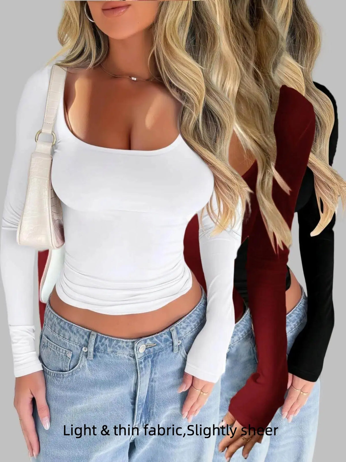 Women's Solid Scoop Neck Long Sleeve Knit Tee, Casual Slim-Fit T-shirt for Spring & Fall, Women's Top for Daily Wear, Basic