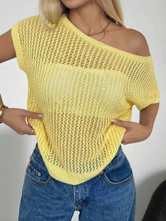 Summer Hollow Out Women's Fashion Casual Off-Shoulder Short Sleeve Pullover, Sexy Beach Vacation Loose Fit Knit Top Knitwear