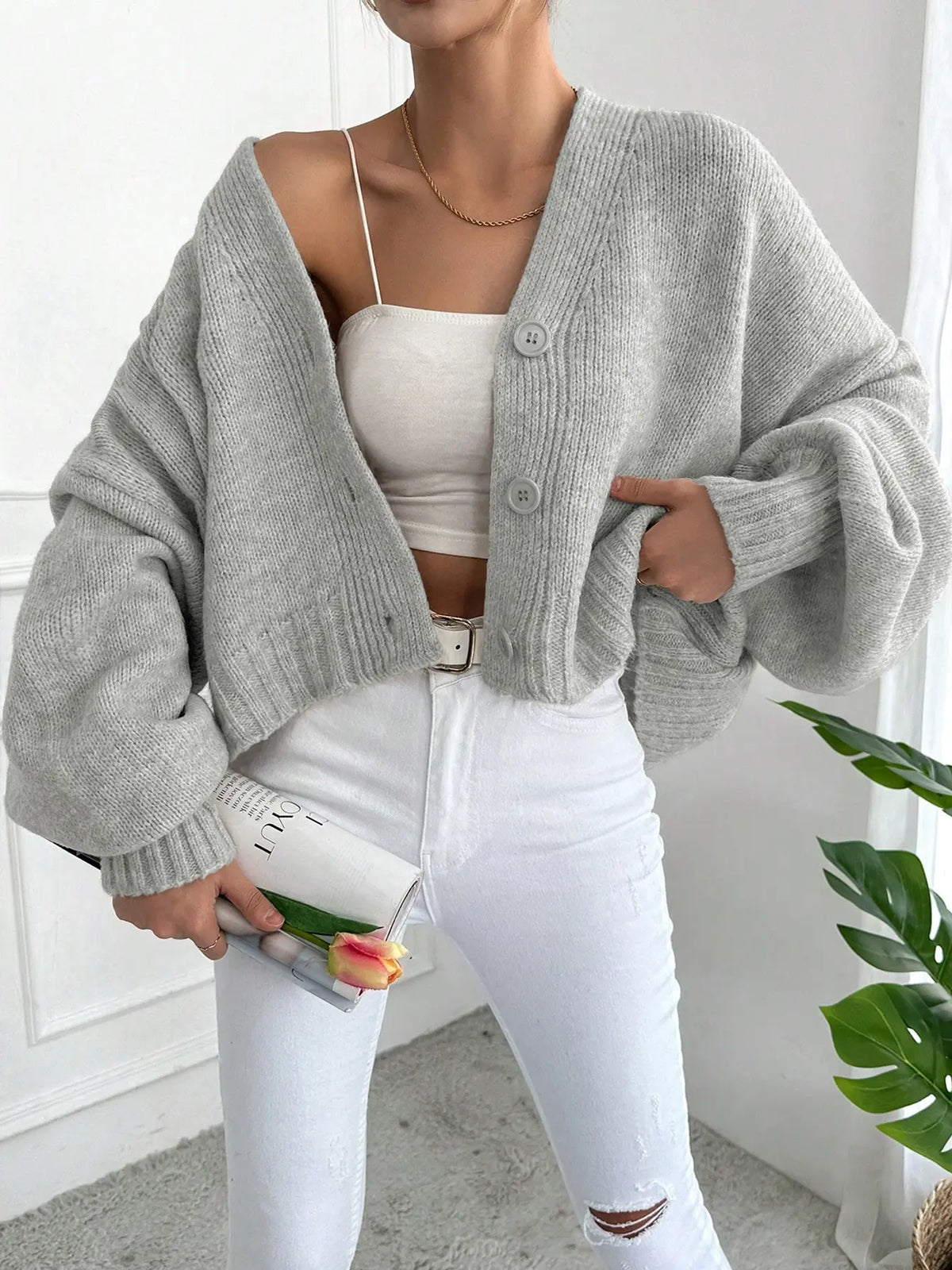 Women's V Neck Lantern Sleeve Sweater, Casual Baggy Loose-Fit Knitted Cardigan, Fall & Winter Fashion, Minimalist, Plain Color, One Button Design, Knitwear Tops