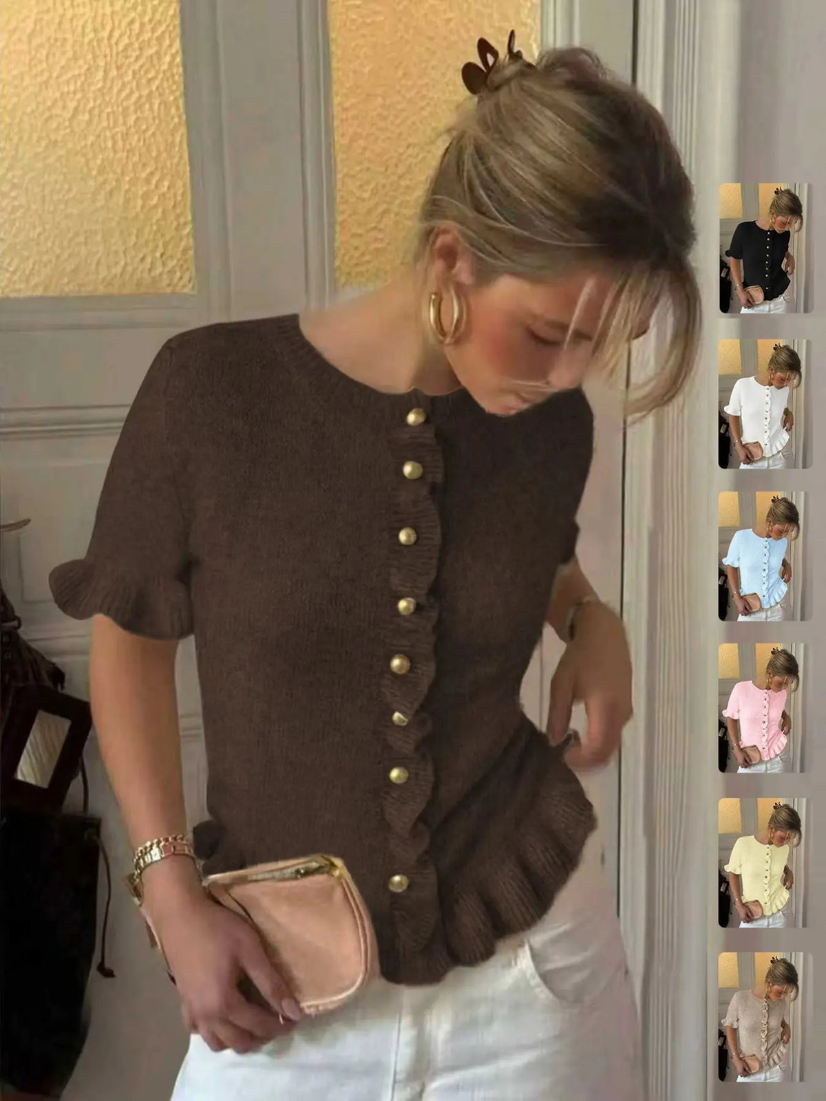 Women's Spring Summer Vintage Fashion Casual Round Neck Short Sleeve Knitted Cardigan Knitwear, Ruffle Design and Metal Buttons, Elegant Soft Sweater Knitting