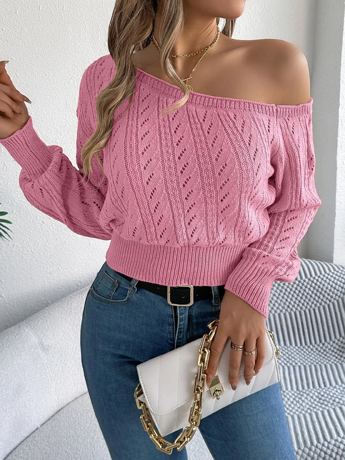 Women's Plain Textured Hollow-Out Asymmetrical Neck Fitted Sweater, Elegant Raglan Sleeve Jumper for Fall & Winter, Fashion Ladies' Knitwear for Daily Casual Wear, Long Sleeves, Womenswear