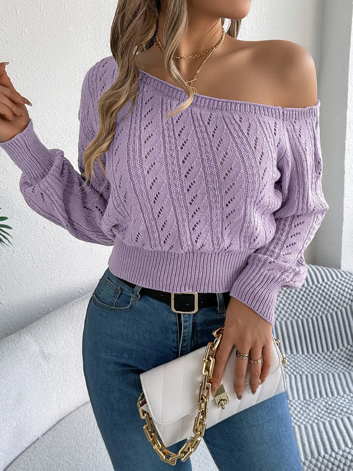 Women's Plain Textured Hollow-Out Asymmetrical Neck Fitted Sweater, Elegant Raglan Sleeve Jumper for Fall & Winter, Fashion Ladies' Knitwear for Daily Casual Wear, Long Sleeves, Womenswear