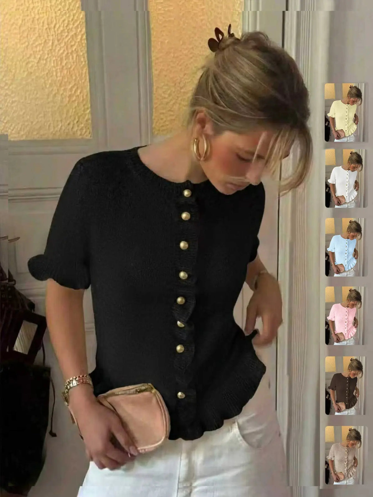 Women's Spring Summer Vintage Fashion Casual Round Neck Short Sleeve Knitted Cardigan Knitwear, Ruffle Design and Metal Buttons, Elegant Soft Sweater Knitting