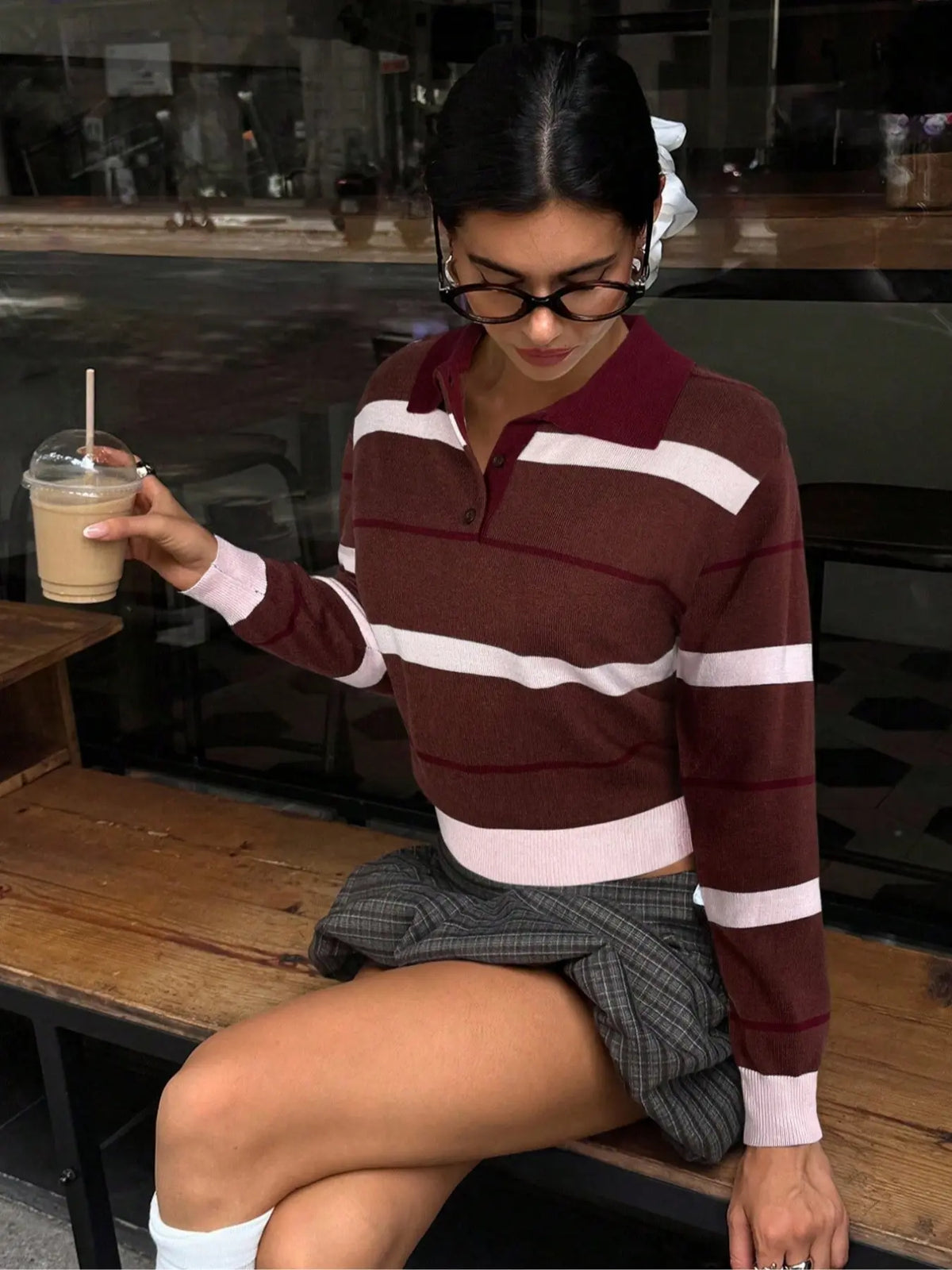 Trendy Women's College Style Polo Neck Sweater, Blue Striped Loose Knitwear, Casual Fashion Pullover for Fall & Winter