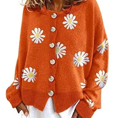 utcoco Women's Floral Oversized Cropped Cable Knit Cardigan - Aesthetic Stretchy Clothes with Button-Down Design, Lightweight Top for Halloween & Thanksgiving Occasions