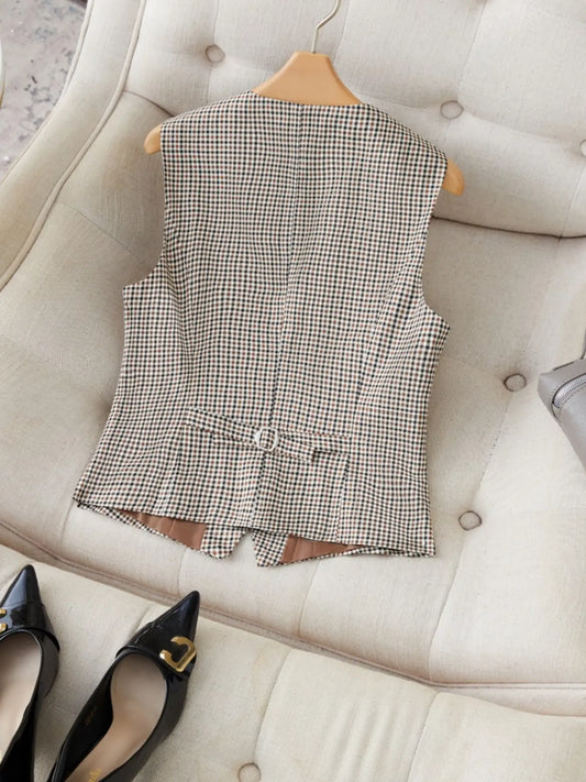 High-End Retro Houndstooth Women's Sleeveless Vest Cardigan, New Fashion Loose Fit Lightweight Design, Winter Short Fitted Pattern Pro, Button Front Vest