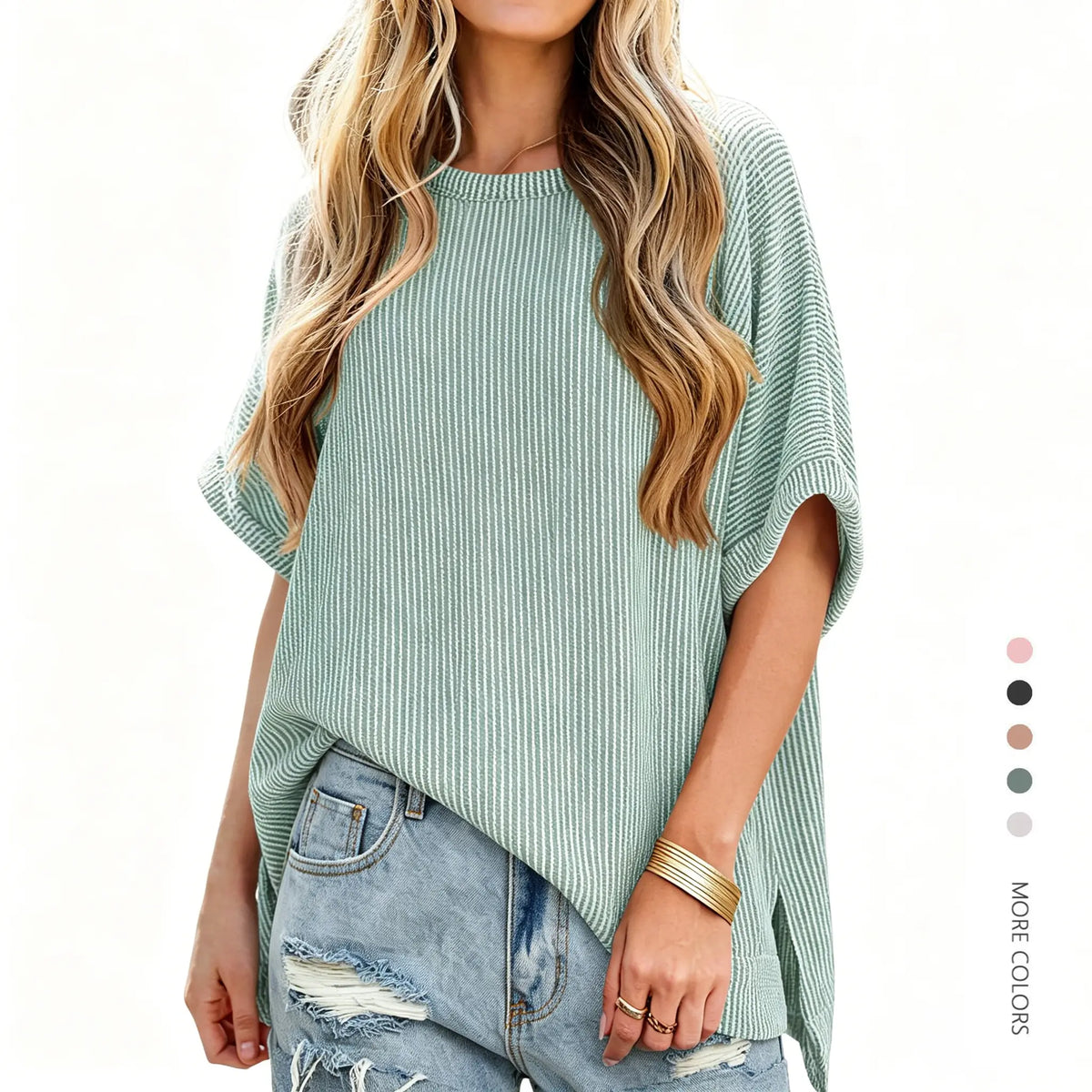 Danedvi Plus Size Oversized Knit Tunic Top Casual Summer Tee for Curvy Women - Soft Stretch Round Neck, Short Batwing/Dolman Sleeves, Side Slits, Striped or Solid Options, S-3XL Everyday Fashion