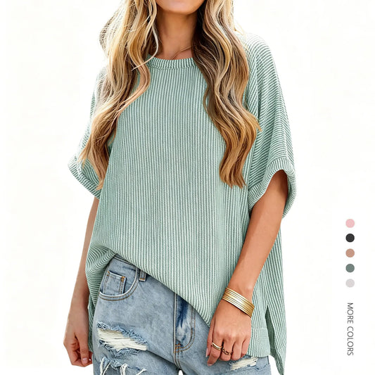 Danedvi Plus Size Oversized Knit Tunic Top Casual Summer Tee for Curvy Women - Soft Stretch Round Neck, Short Batwing/Dolman Sleeves, Side Slits, Striped or Solid Options, S-3XL Everyday Fashion