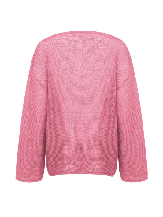 Women's Basic Solid Hollow Out Drop Shoulder Knitting Sweater, Boho Casual Long Sleeve Round Neck Jumper for Spring & Fall, Fashion Ladies' Knitwear for Daily Wear, Fit, Knit Casual Top