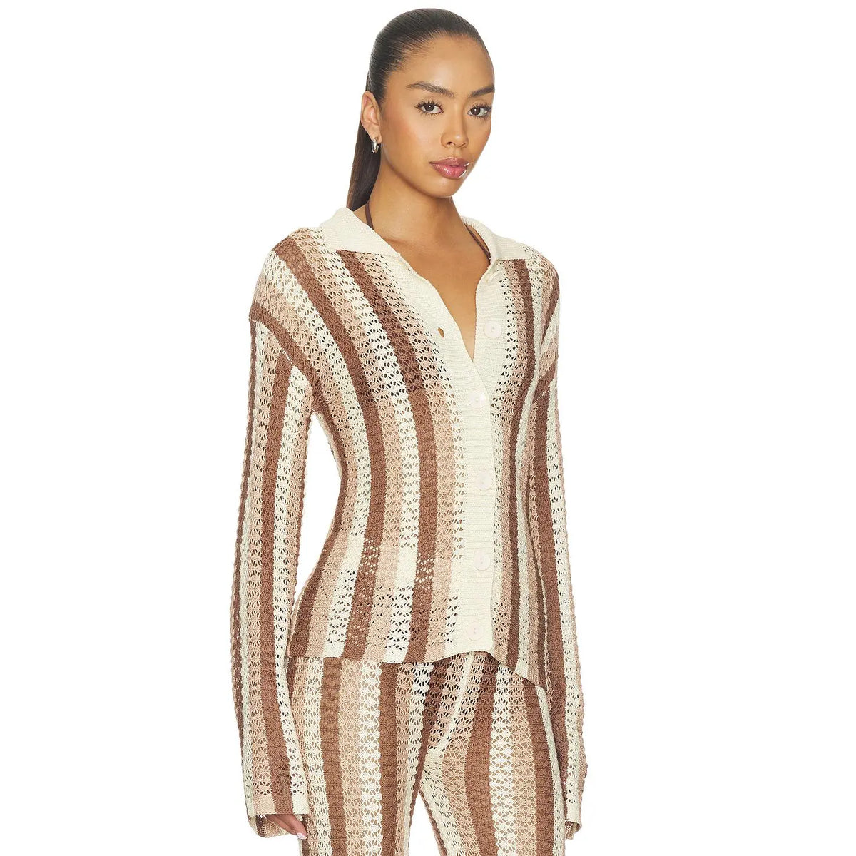 Women's superdown Francie Knitting Style Crochet Cardigan, Neutral Stripe, Button-Closure, Soft Fabric Tops
