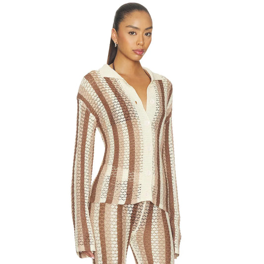 Women's superdown Francie Knitting Style Crochet Cardigan, Neutral Stripe, Button-Closure, Soft Fabric Tops
