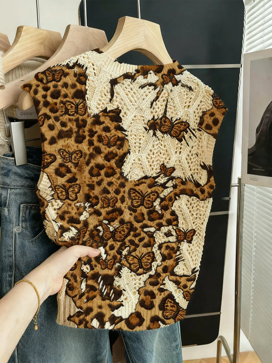 Spring Summer Elegant Boho Leopard Butterfly Print Round Neck Sweater, Casual Sleeveless Knit Top, Breathable Women's Clothing