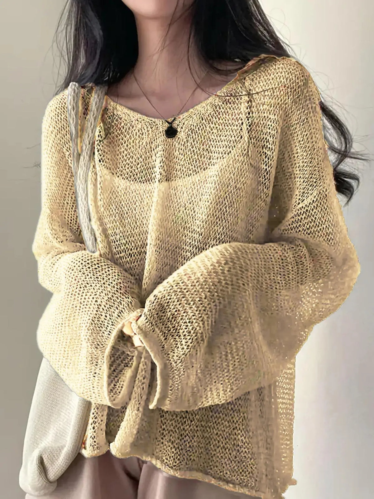 Women's Basic Solid Hollow Out Drop Shoulder Knitting Sweater, Boho Casual Long Sleeve Round Neck Jumper for Spring & Fall, Fashion Ladies' Knitwear for Daily Wear, Fit, Knit Casual Top