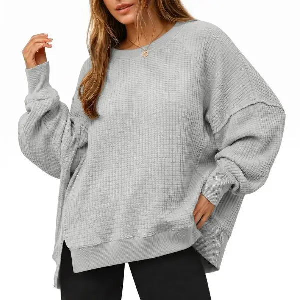 FISOEW Women's Oversized Crewneck Sweatshirt Casual Waffle Knit Pullover Tunic - Breathable Soft Long Sleeve Drop Shoulder with Side Slits, Spring & Fall Casual Everyday, Plus Size Friendly, Cute Tops