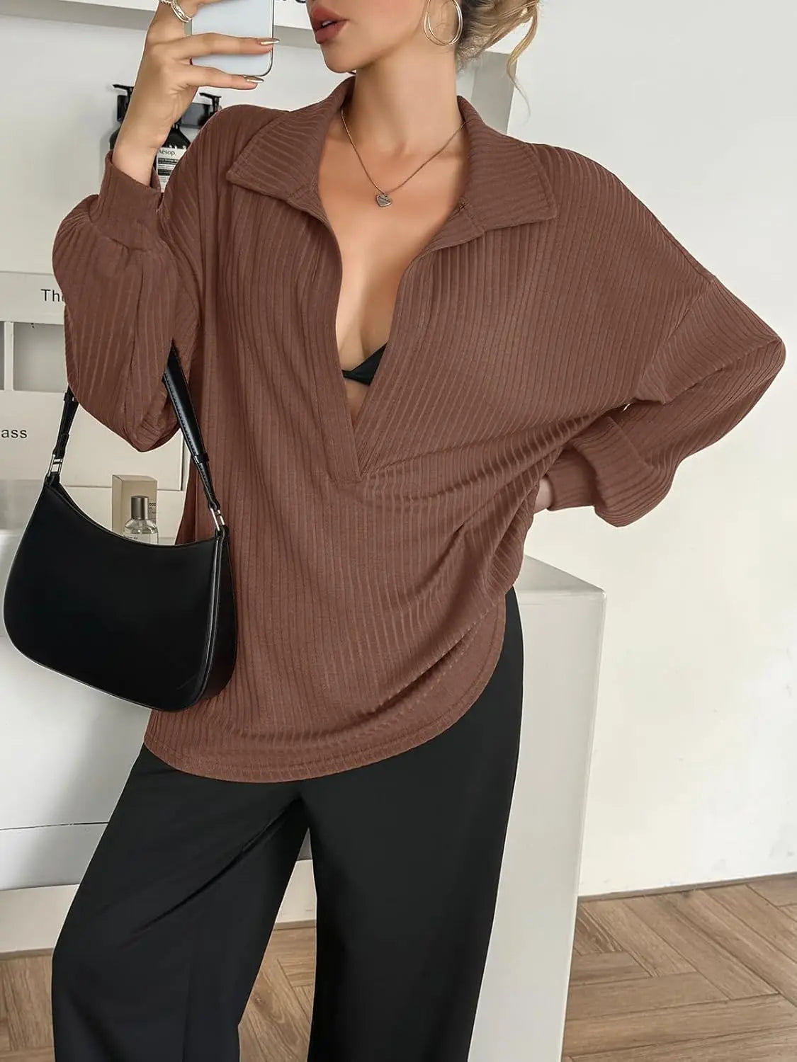 FISOEW Women's Knit Pullover Sweatshirt Oversized Deep V Neck Ribbed Long Sleeve Casual Lightweight Top for Women Knitwear Women's Clothes,back to school,back to school shopping Vneck Brown,sohochic