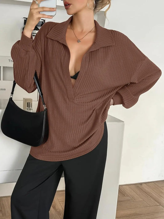 FISOEW Women's Knit Pullover Sweatshirt Oversized Deep V Neck Ribbed Long Sleeve Casual Lightweight Top for Women Knitwear Women's Clothes,back to school,back to school shopping Vneck Brown,sohochic