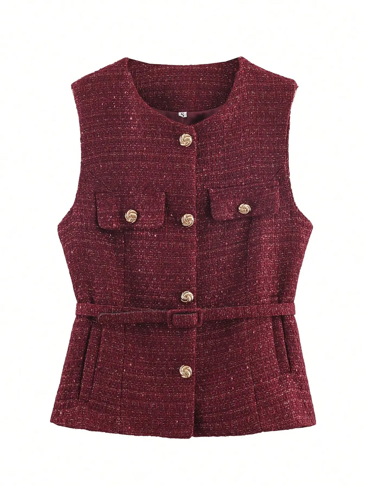 Women's Elegant Chic Belted Vest, Round-Neck Sleeveless Single-Breasted Fitted Top, Vintage Commuter Style for Casual Daily Wear