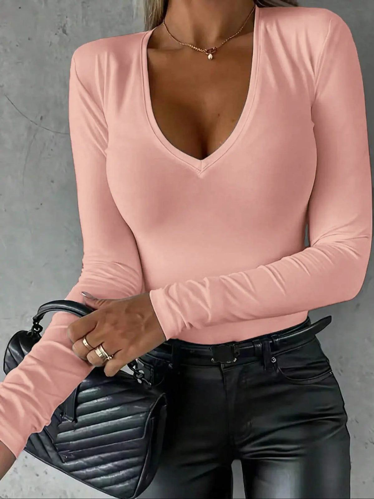 Women's Solid Color V Neck Long Sleeve Knit Tee, Casual Basic Lady T-shirt for Spring & Fall, Women's Top for Daily Wear, Fit, Womenswear, Knitwear, Fabric, Casual Knit Tops, Fashion Knit Clothing