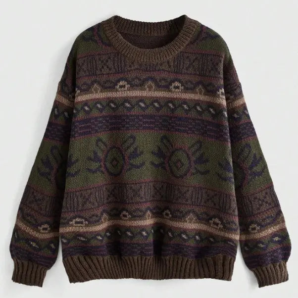 Women's Geometric Pattern Drop Shoulder Sweater, Knitwear Oversized, Fairycore, Long Sleeve Round Neck Sweater Casual Comfort Fit Womenswear