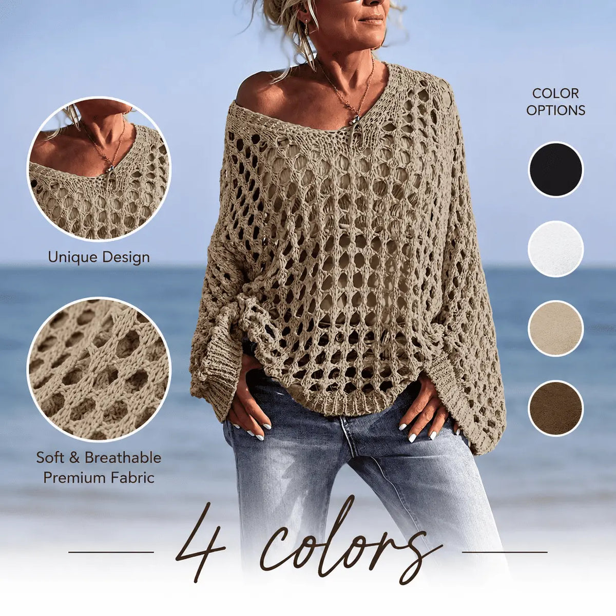 Yodutry Women's Flirty Off-Shoulder Cotton Blend Sweaters - Long Sleeves, Hollow Out Crochet Knit Pullover, Slouchy Drape Layers Over Camisoles, Loose Boho Beach Cover Ups for Swimwear Use
