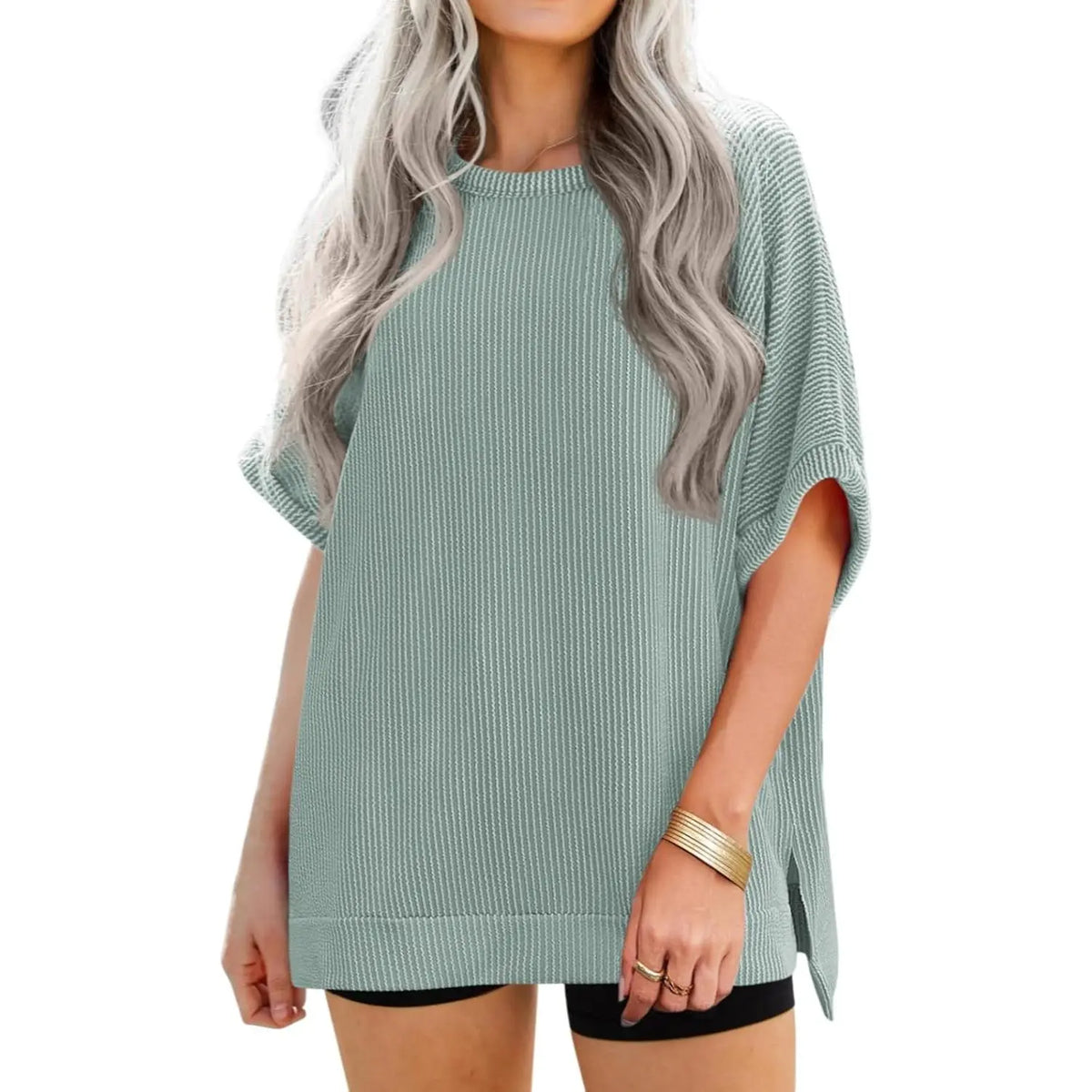 Danedvi Plus Size Oversized Knit Tunic Top Casual Summer Tee for Curvy Women - Soft Stretch Round Neck, Short Batwing/Dolman Sleeves, Side Slits, Striped or Solid Options, S-3XL Everyday Fashion