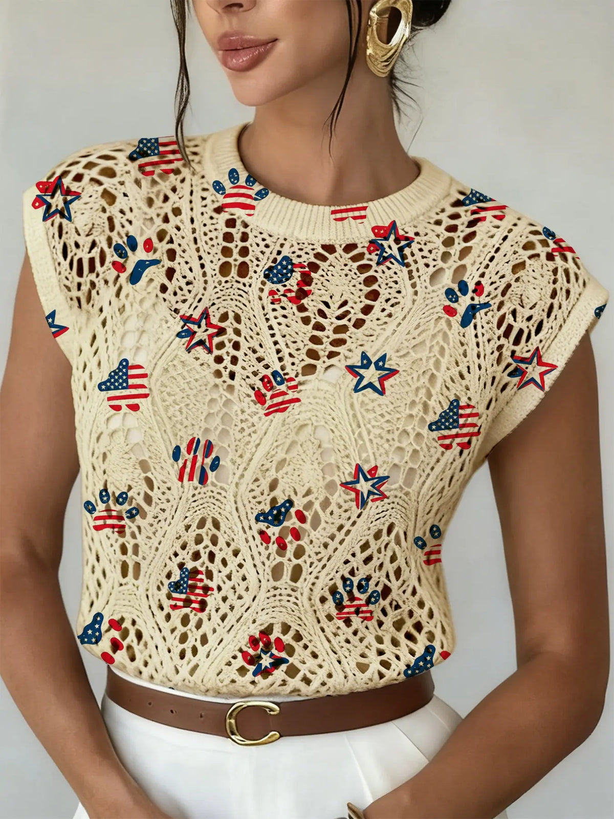 Women's Elegant Cartoon Paw Print Star Independence Day Print Hollow Out Round Neck Sleeveless Knit Sweater, Casual Daily Wear, Comfortable and Versatile