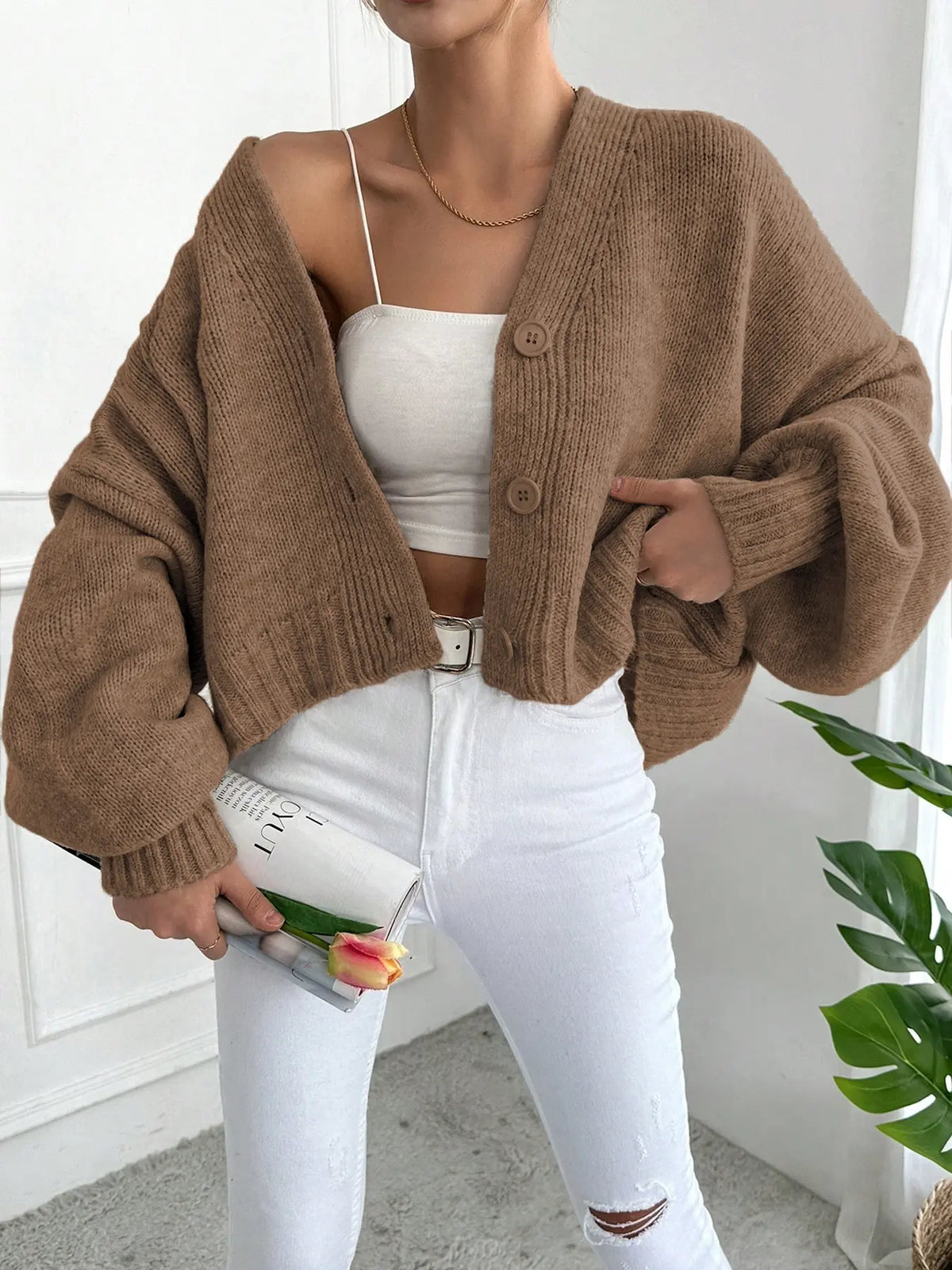Women's V Neck Lantern Sleeve Sweater, Casual Baggy Loose-Fit Knitted Cardigan, Fall & Winter Fashion, Minimalist, Plain Color, One Button Design, Knitwear Tops
