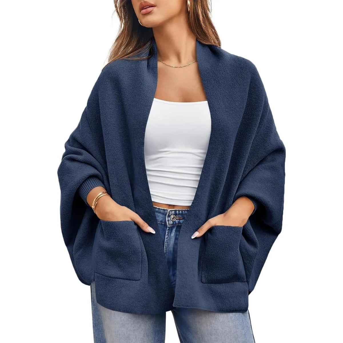 Womens Open Front Cardigan Batwing Long Sleeve Shawl Chunky Knit Loose Fall Poncho Sweater Coats