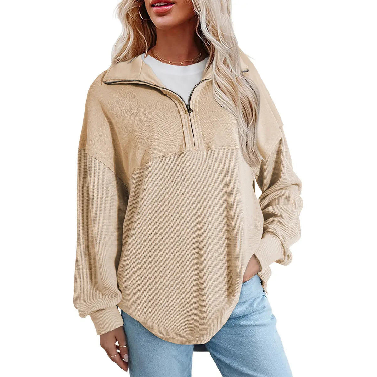Shewin Women's Half-Zip Waffle Knit Collared Neck Longsleeves Pullovers - Oversized Cotton Polyester Soft Casual Tops for Sports, Plus Size Tops 2XL (Back to School, Vacation Use)
