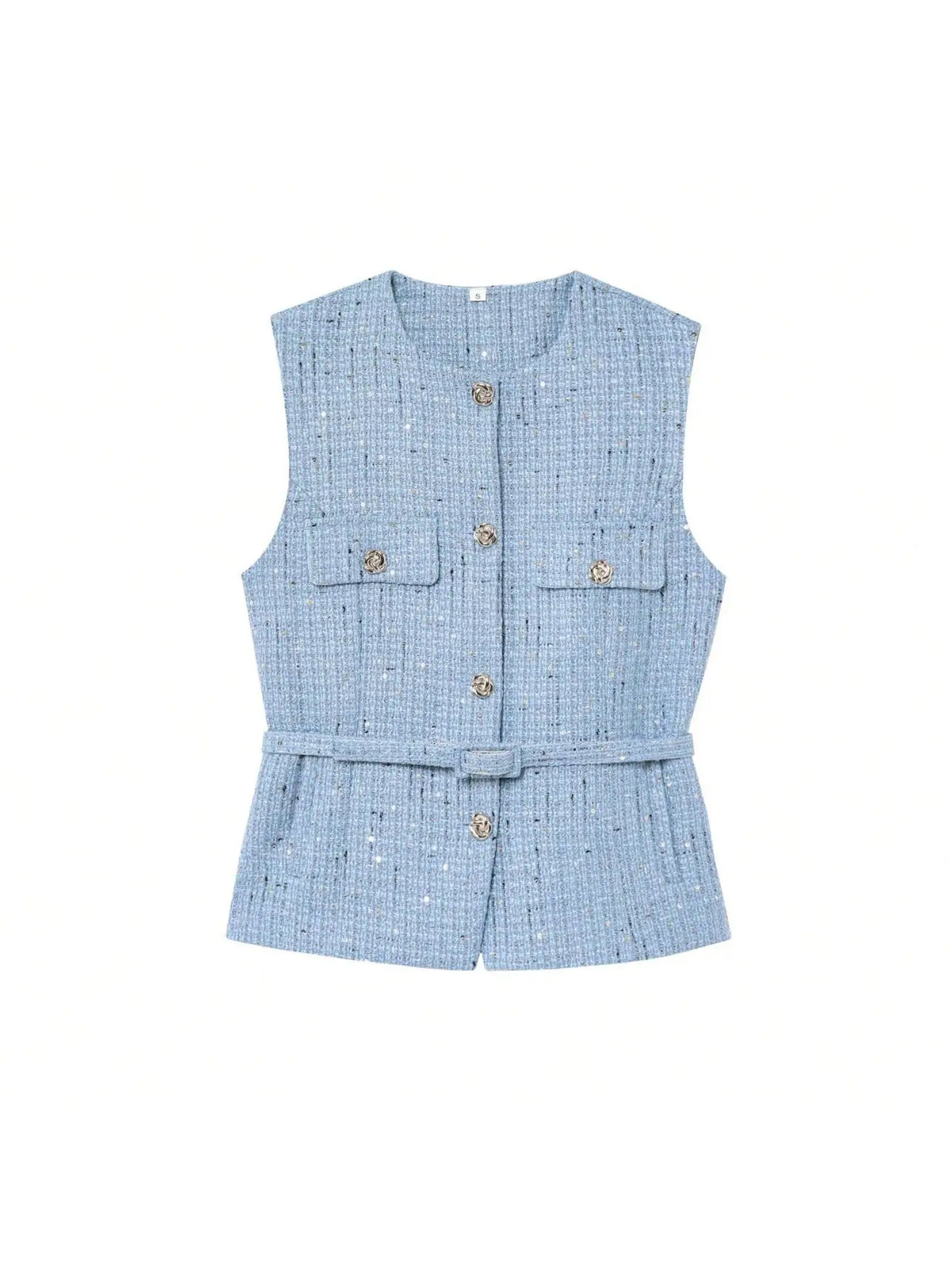 Women's Elegant Chic Belted Vest, Round-Neck Sleeveless Single-Breasted Fitted Top, Vintage Commuter Style for Casual Daily Wear
