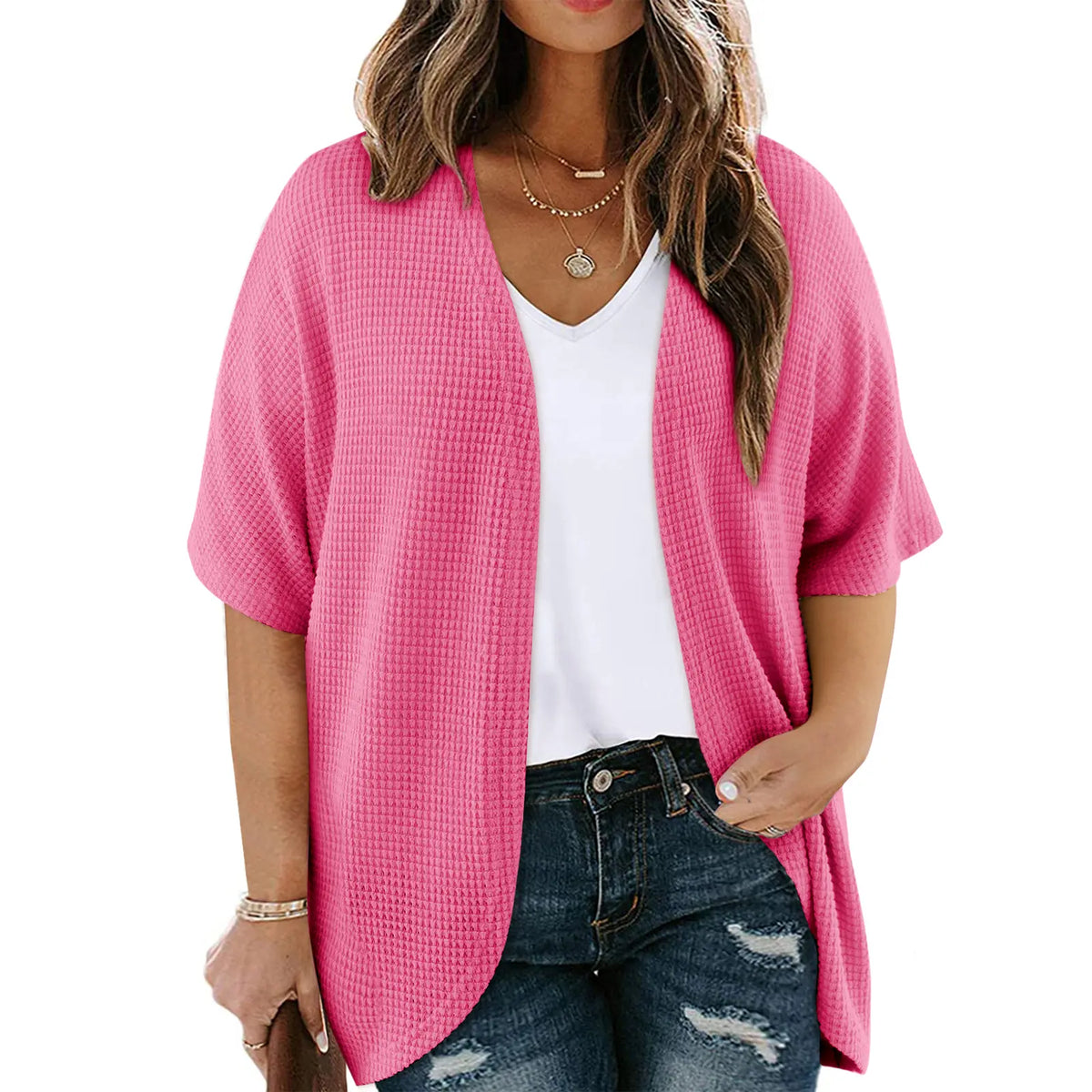 Eytino Womens Plus Size Cardigan Casual Short Sleeve Waffle Knit Kimono Open Front Tops(1X-5X)