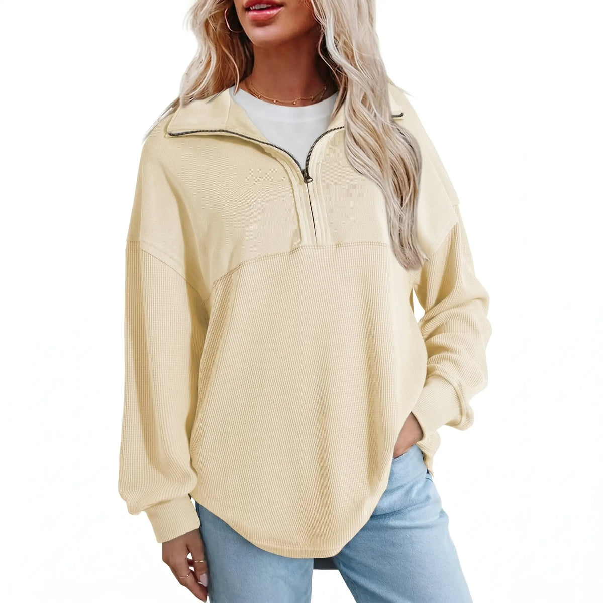 Shewin Women's Half-Zip Waffle Knit Collared Neck Longsleeves Pullovers - Oversized Cotton Polyester Soft Casual Tops for Sports, Plus Size Tops 2XL (Back to School, Vacation Use)