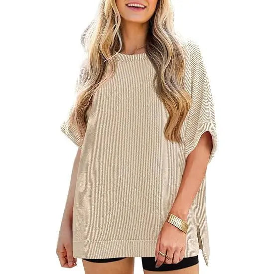 Danedvi Plus Size Oversized Knit Tunic Top Casual Summer Tee for Curvy Women - Soft Stretch Round Neck, Short Batwing/Dolman Sleeves, Side Slits, Striped or Solid Options, S-3XL Everyday Fashion