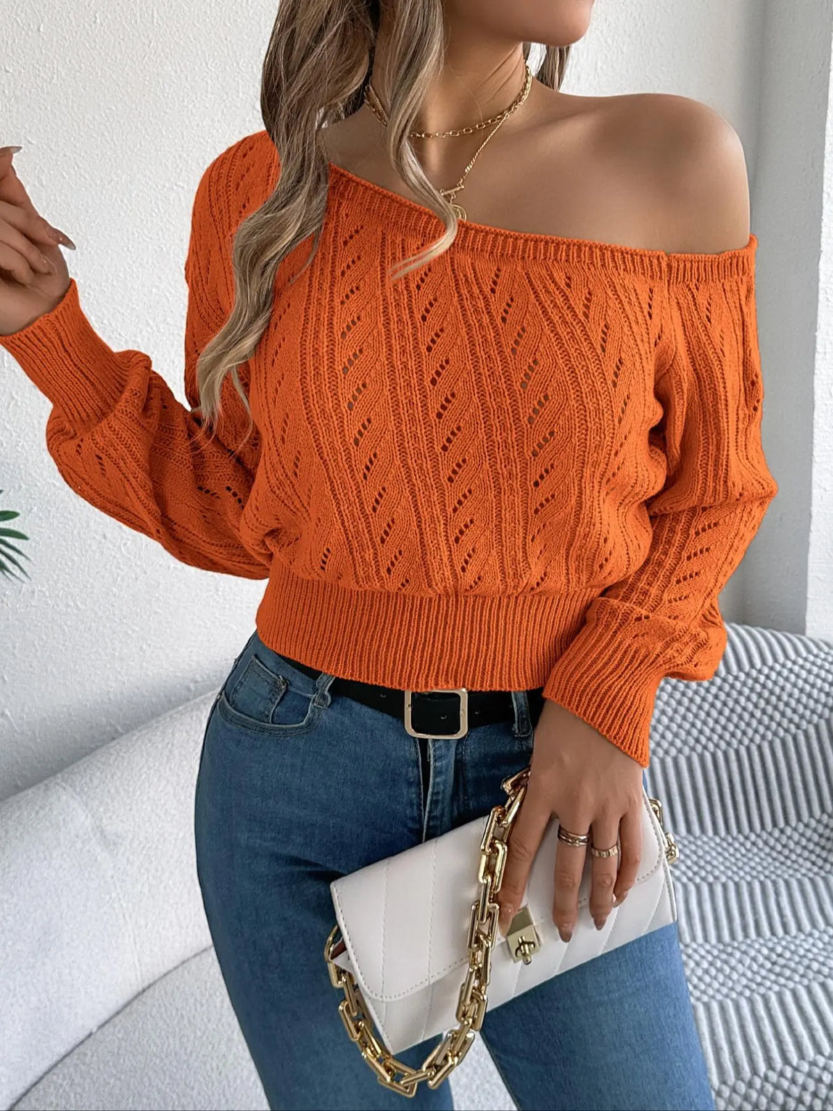 Women's Plain Textured Hollow-Out Asymmetrical Neck Fitted Sweater, Elegant Raglan Sleeve Jumper for Fall & Winter, Fashion Ladies' Knitwear for Daily Casual Wear, Long Sleeves, Womenswear
