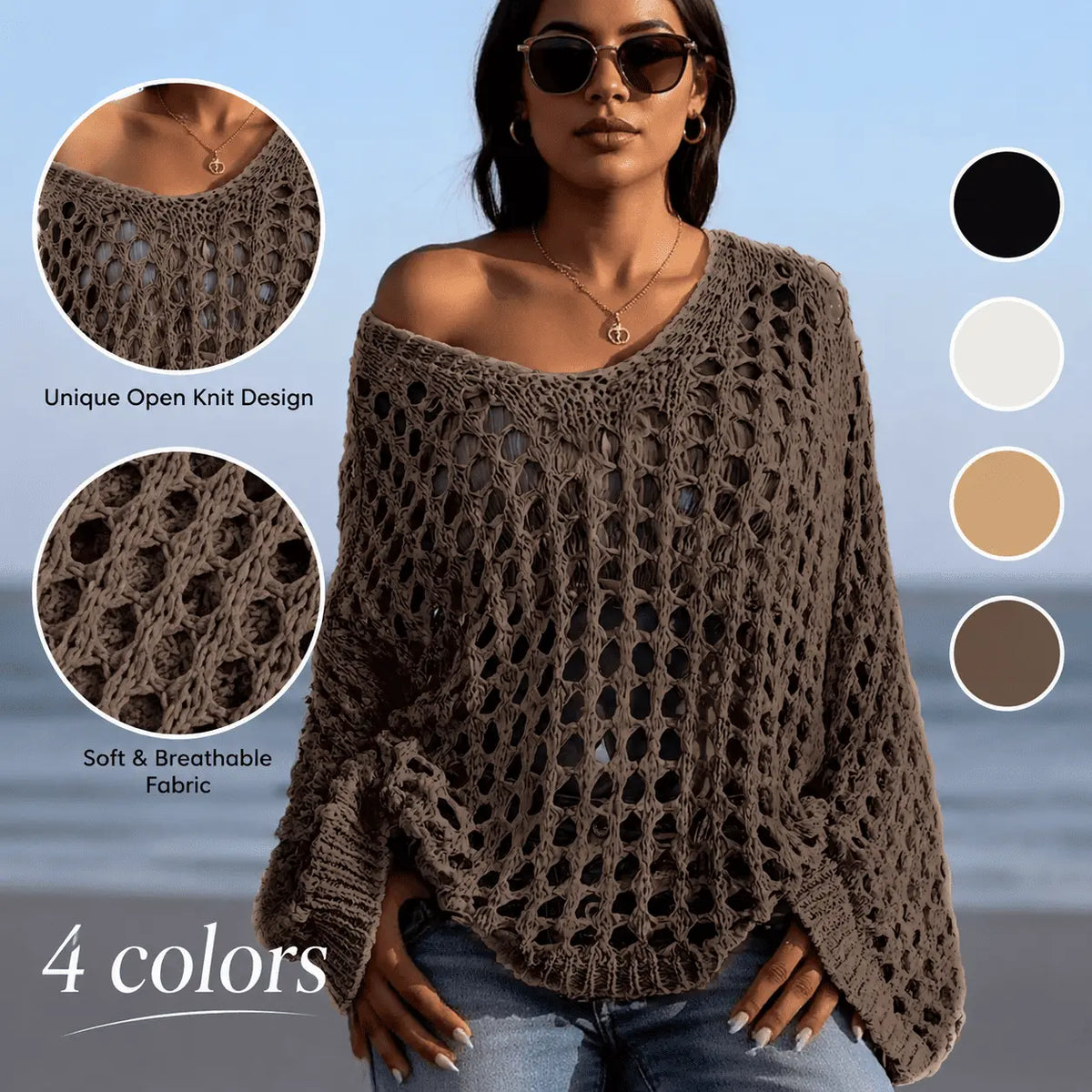 Yodutry Women's Flirty Off-Shoulder Cotton Blend Sweaters - Long Sleeves, Hollow Out Crochet Knit Pullover, Slouchy Drape Layers Over Camisoles, Loose Boho Beach Cover Ups for Swimwear Use