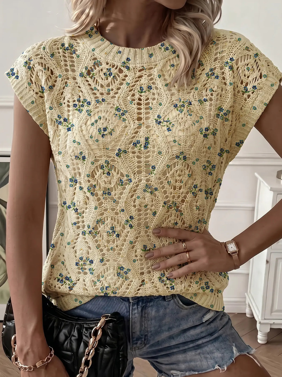 Women's Elegant Floral Print Round Neck Cardigan Vest, Breathable Knit Top, Hollow Out Design, Casual All-Season Wear